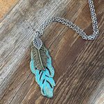 Triple Feather Patina Pendant Necklace