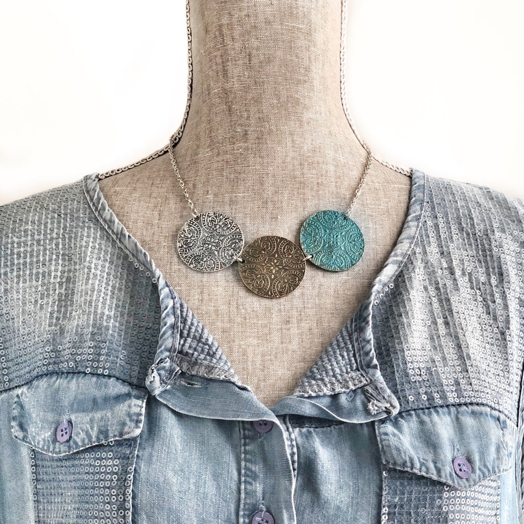 Tri Medallion Bib Necklace